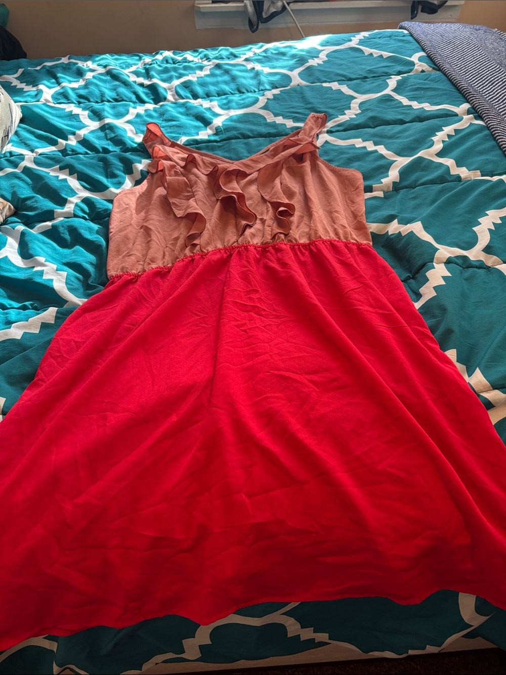 Womenโs Two-Tone Ruffle Sundress - Coral Top & Bright Red Skirt